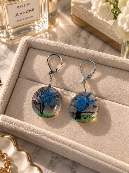 Jewelry - Handmade Pressed Flower Resin Teardrop Earrings Blue Botanical One Size